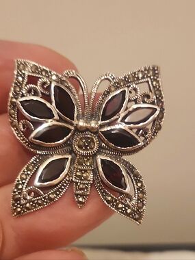 Vintage Sterling, Garnet and Marcasite Butterfly Brooch